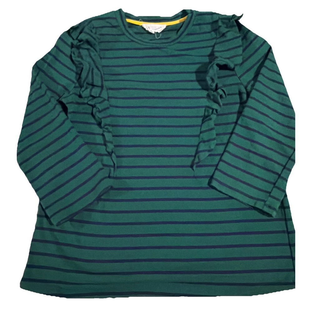Anthropologie Long Sleeve XS Top With Ruffle Green /Navy Horizontal Design